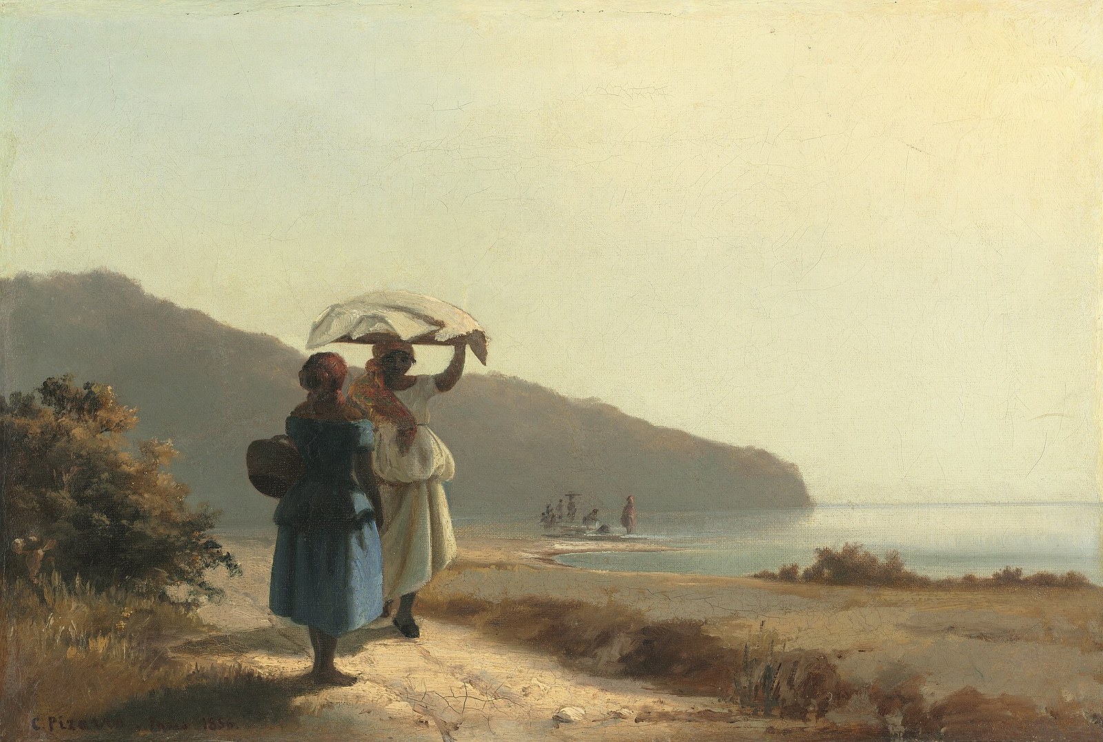 Deux femmes conversant au bord de la mer à Saint-Thomas, peinture de Camille Pissarro